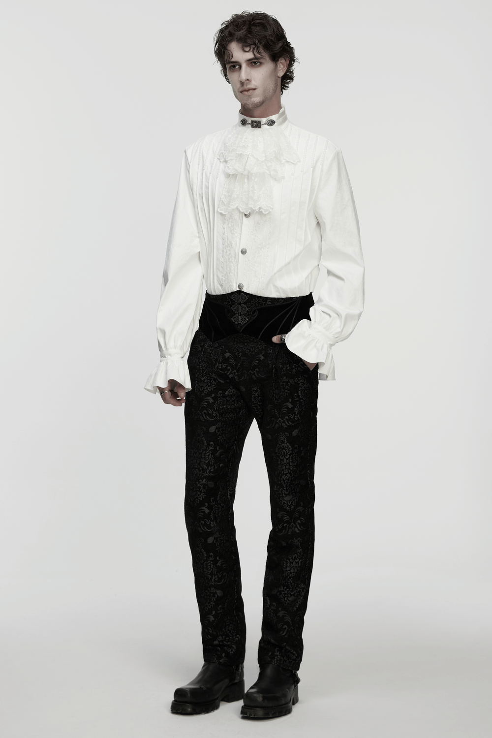 Gothic Jacquard Embroidered Pants with Metal Buttons worn by a model in a stylish ensemble.