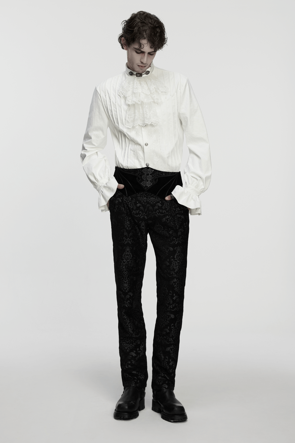 Gothic Jacquard Embroidered Pants with Metal Buttons worn by model showcasing intricate design and luxurious fabric.