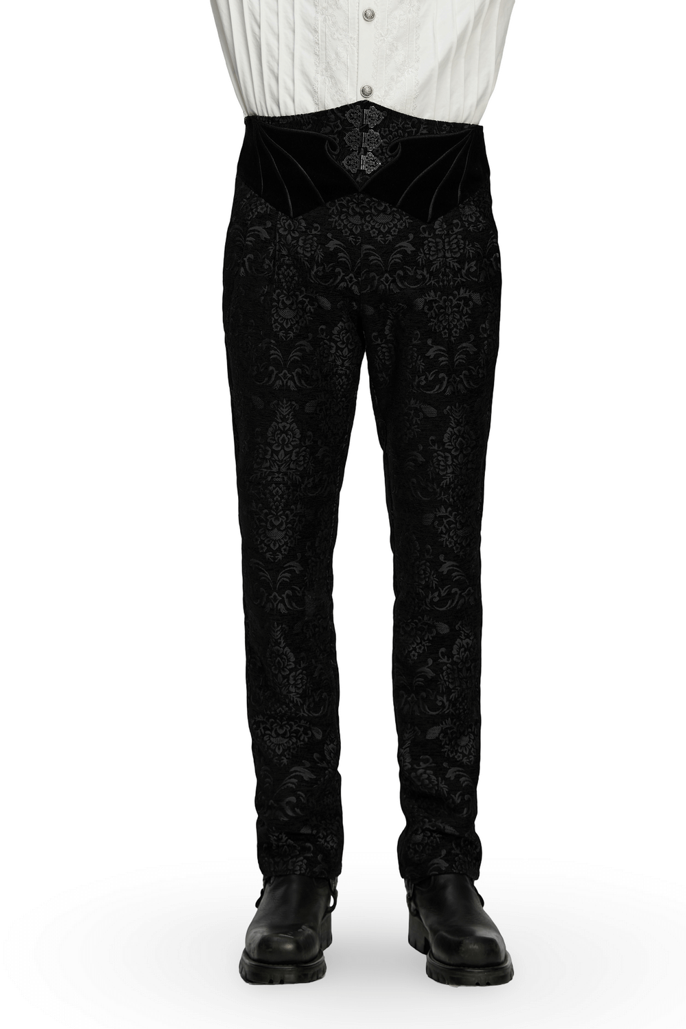 Gothic Jacquard Embroidered Pants with Metal Buttons featuring a unique palace pattern and embroidered waistband.