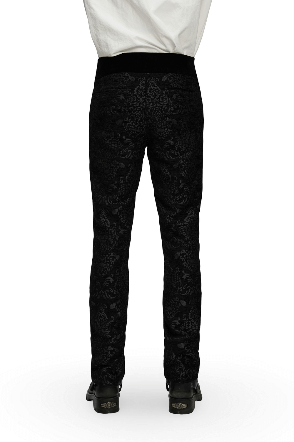 Gothic Jacquard Embroidered Pants with Metal Buttons, showcasing detailed embroidery and stylish velvet finish from the back.