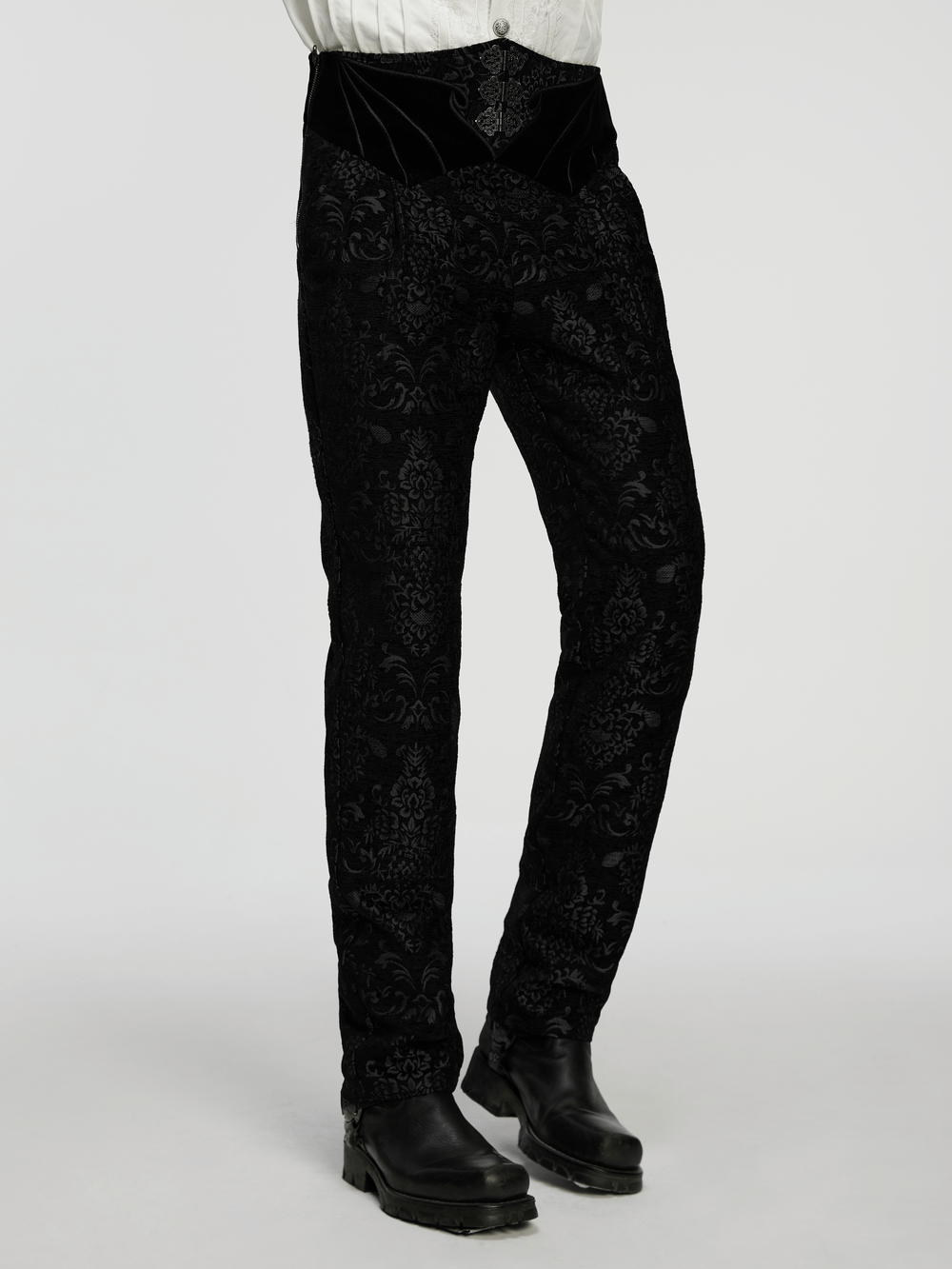 Gothic Jacquard Embroidered Pants with Metal Buttons showcasing a luxurious velvet finish and intricate palace pattern.