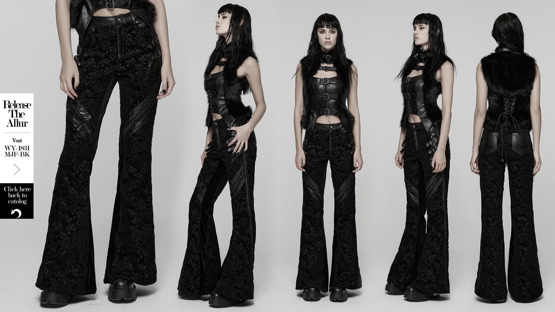 Gothic Jacquard Flared Pants with Faux Leather Details, showcasing intricate rose patterns and lace accents.