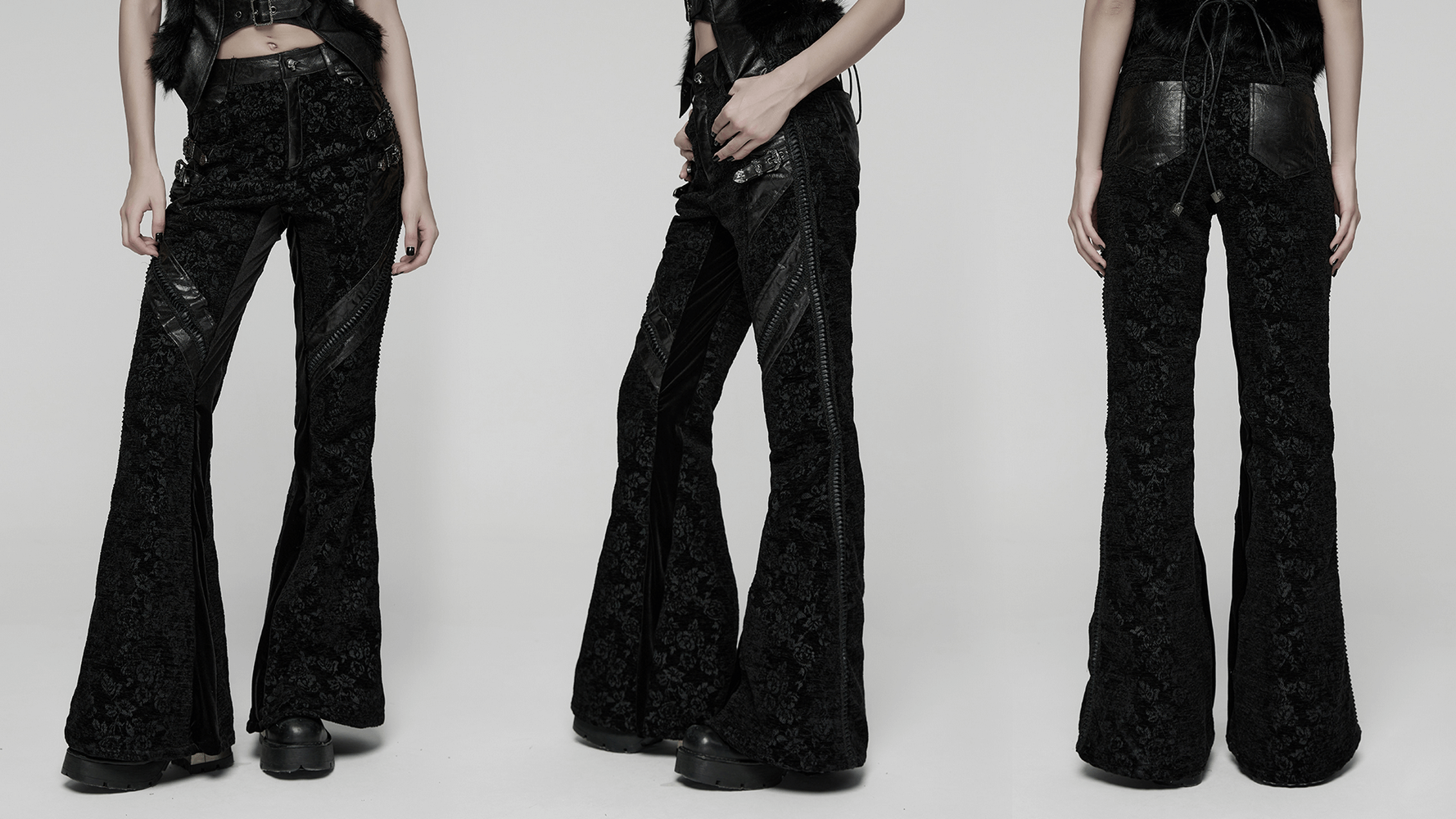 Gothic Jacquard Flared Pants with Faux Leather Details featuring intricate rose pattern and striking lace accents.
