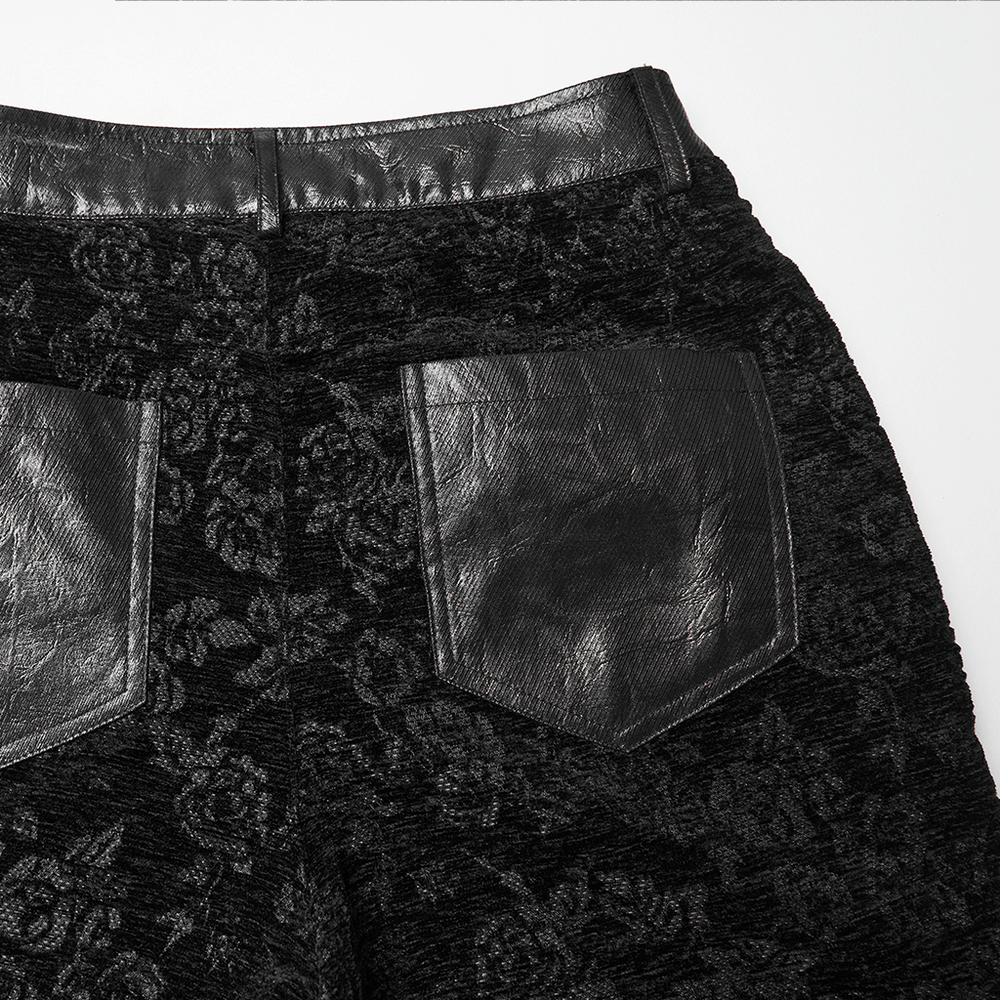 Gothic Jacquard Flared Pants with Faux Leather Details showcasing intricate rose pattern and textured pockets.