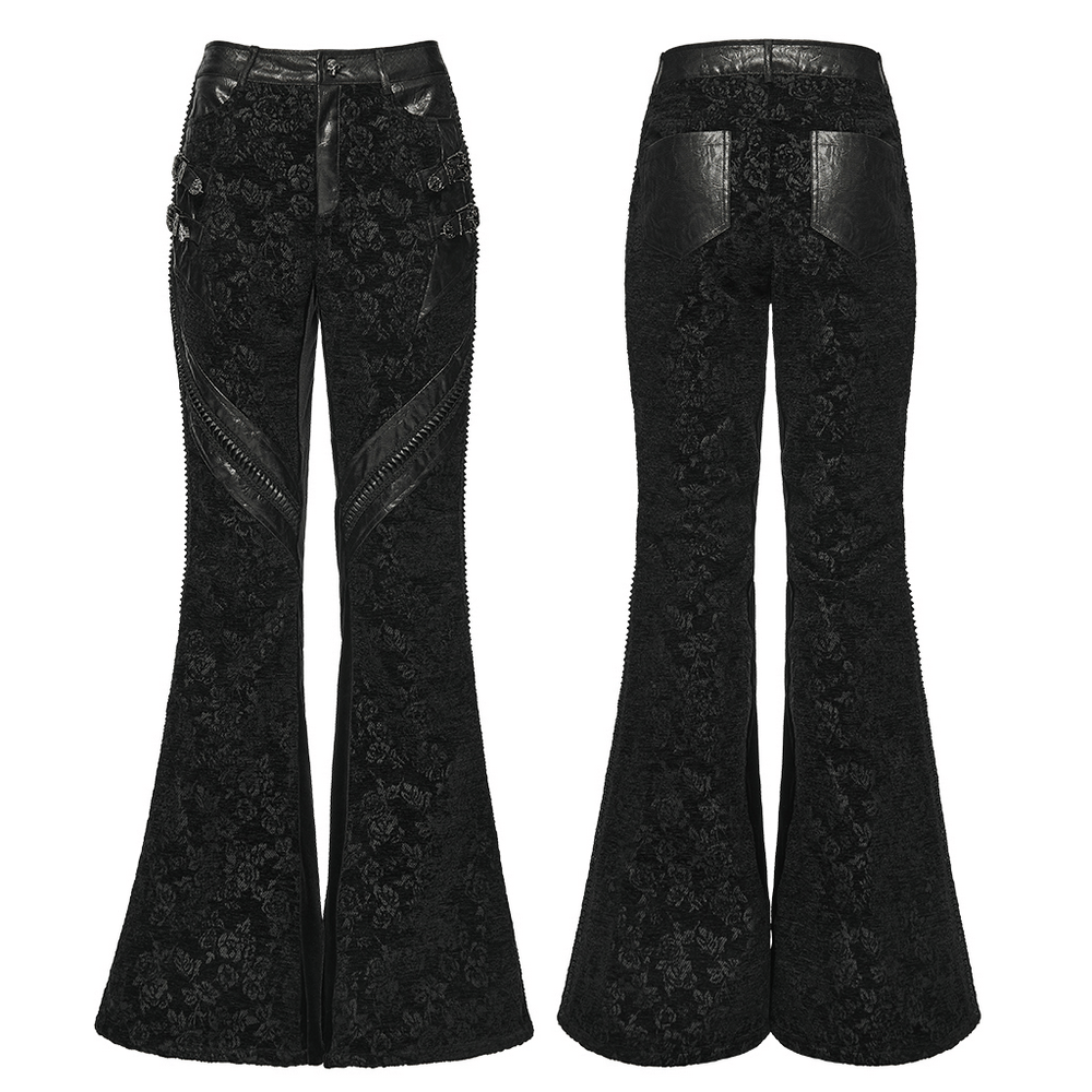 Gothic Jacquard Flared Pants with Faux Leather Details featuring rose pattern and textured faux leather accents.