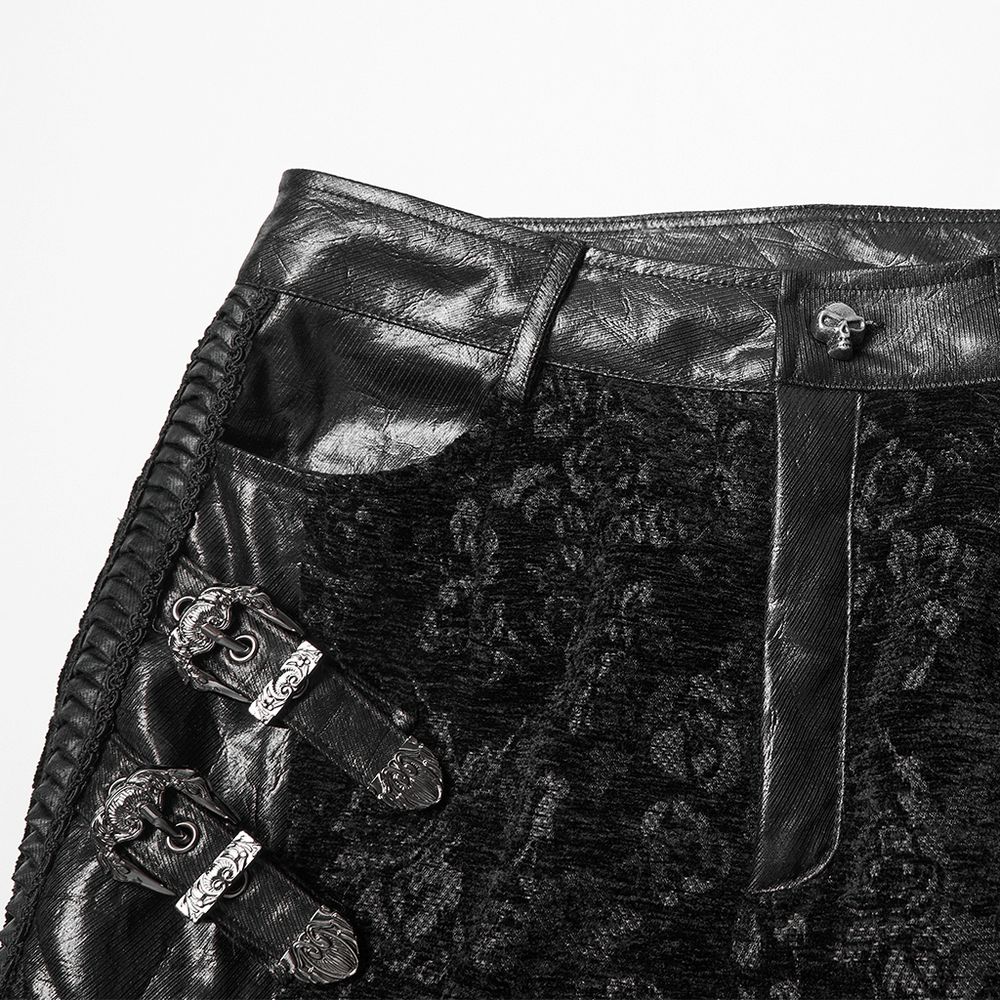 Gothic Jacquard Flared Pants with Faux Leather Details featuring intricate patterns and stylish buckles.