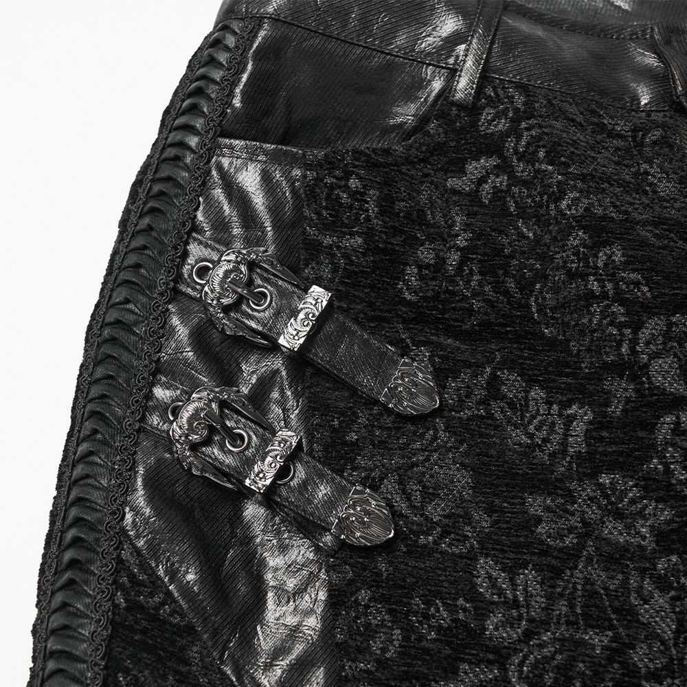 Gothic Jacquard Flared Pants with Faux Leather Details showcasing rose pattern and intricate leather accents.
