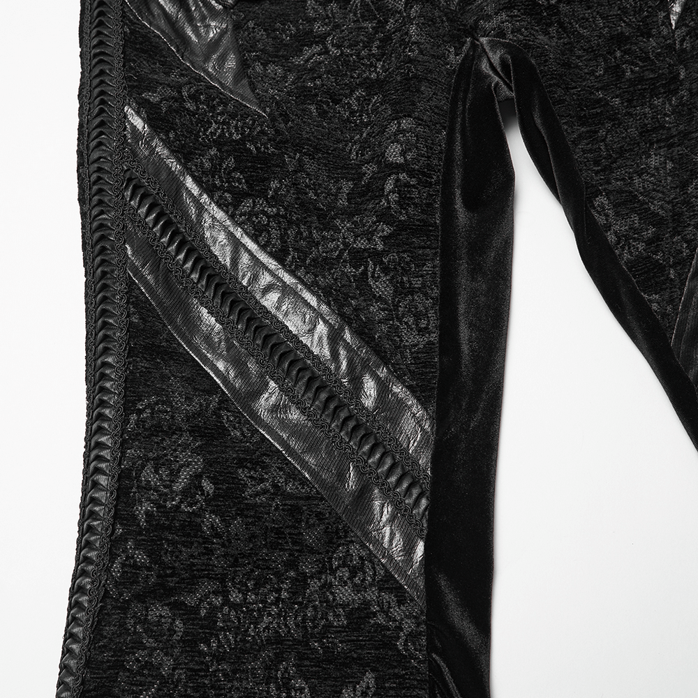 Gothic Jacquard Flared Pants with Faux Leather Details showcasing intricate rose pattern and luxe textures.