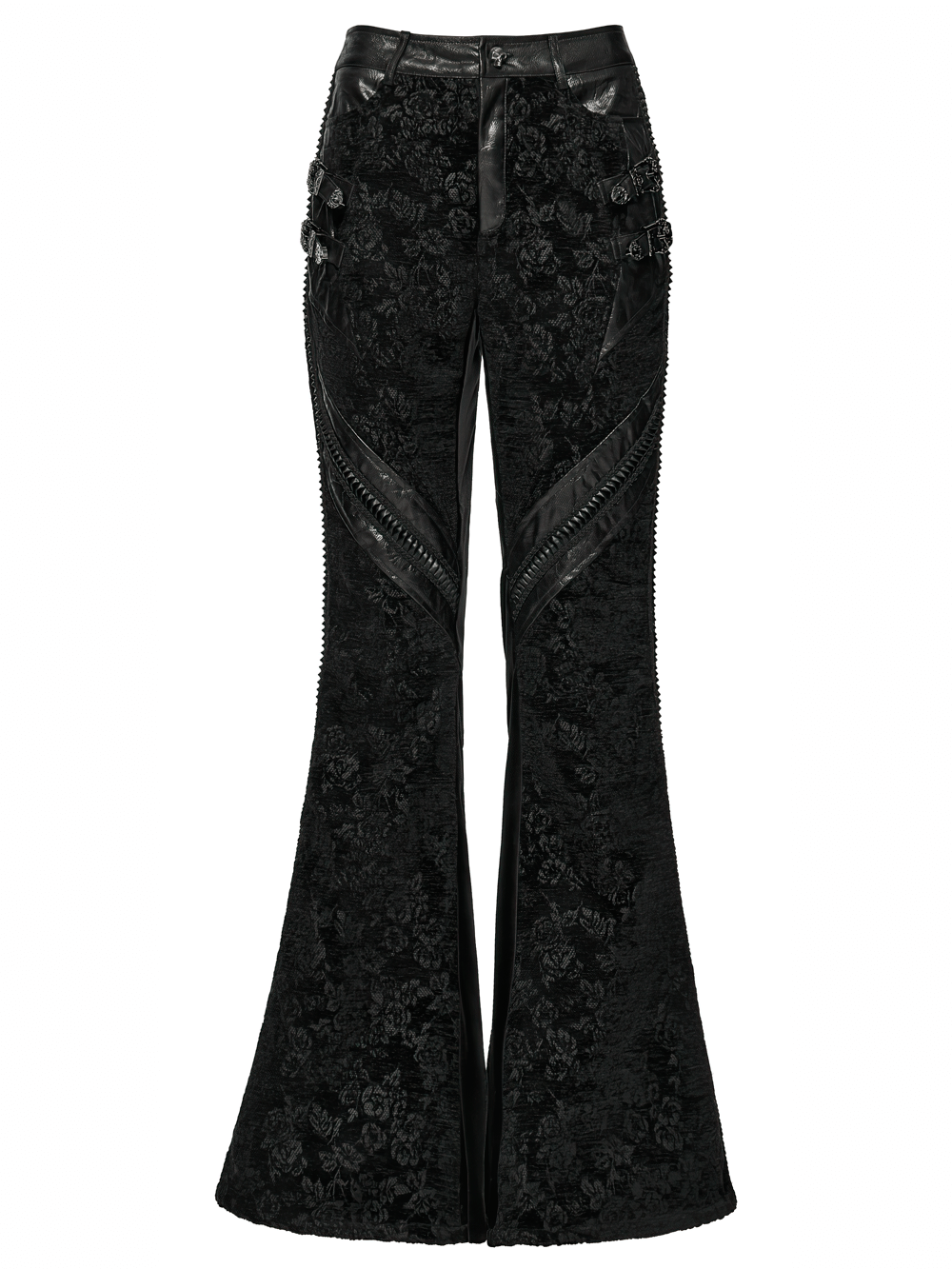 Gothic Jacquard Flared Pants with Faux Leather Details featuring a rose pattern and leather accents for an elegant gothic look.