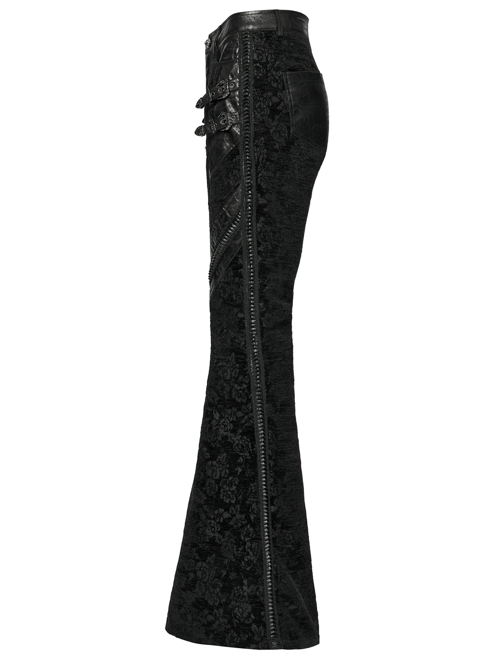 Gothic Jacquard Flared Pants with Faux Leather Details showcasing rose pattern and leather webbing accents.