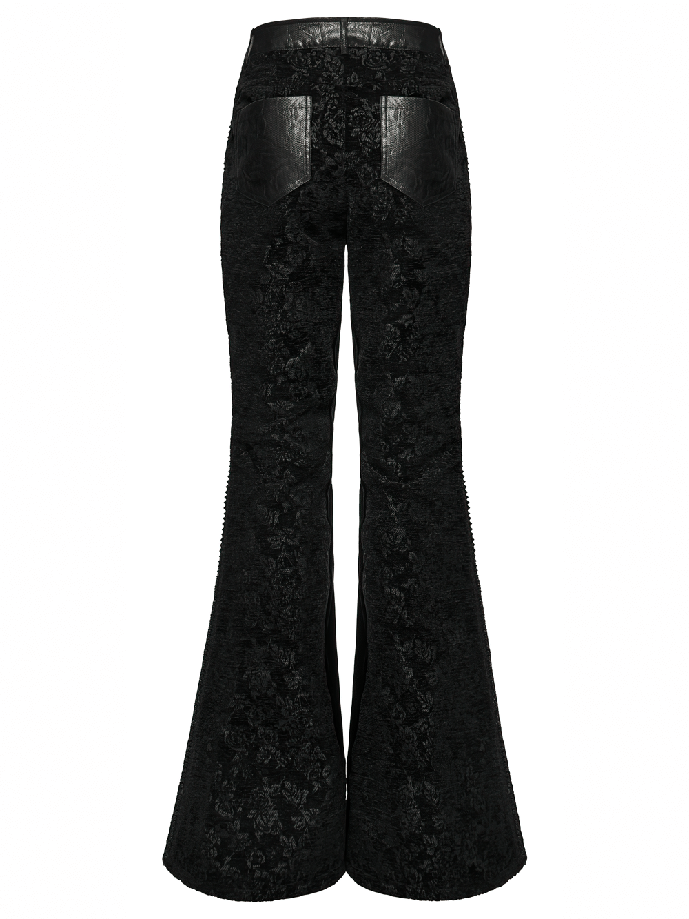 Back view of Gothic Jacquard Flared Pants with Faux Leather Details featuring intricate rose pattern and faux leather accents.