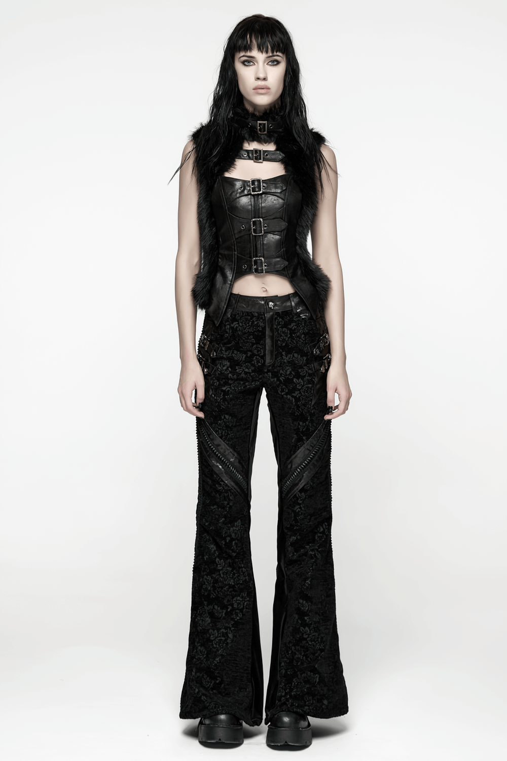 Gothic Jacquard Flared Pants with Faux Leather Details worn by model, showcasing rose pattern and lace accents.
