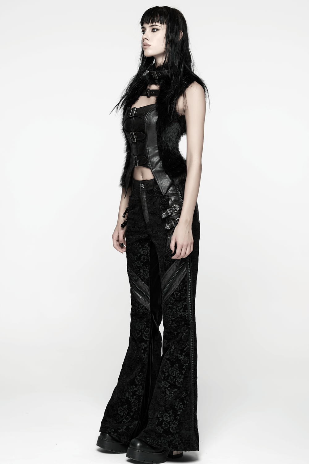 Gothic Jacquard Flared Pants with Faux Leather Details, featuring intricate rose pattern and leather accents.