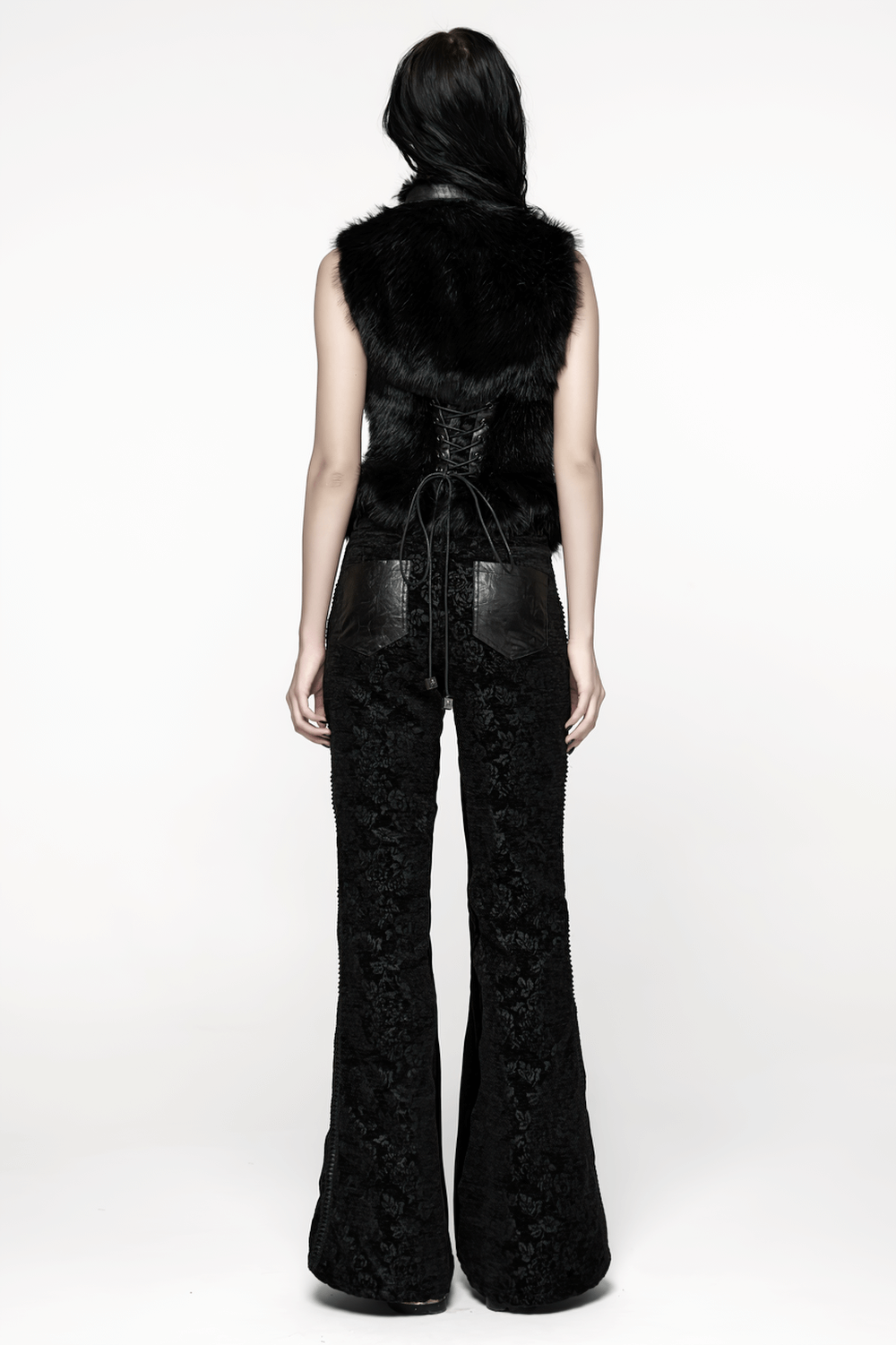 Gothic Jacquard Flared Pants with Faux Leather Details showcasing a stunning back view with intricate details.
