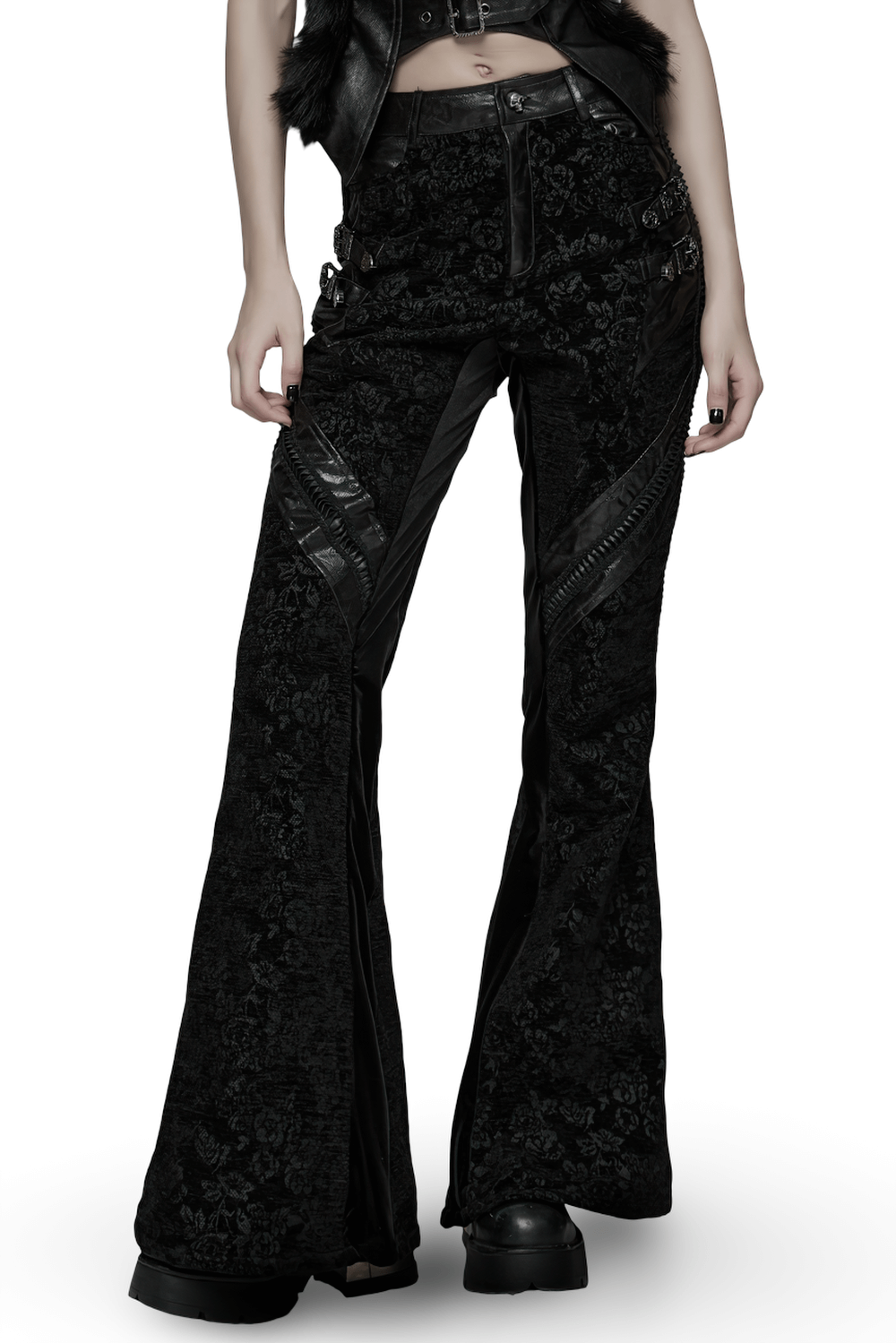 Gothic Jacquard Flared Pants with Faux Leather Details featuring a rose pattern and lace accents, perfect for alternative fashion.