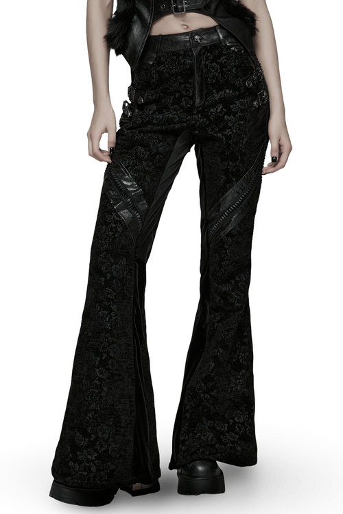 Gothic Jacquard Flared Pants with Faux Leather Details