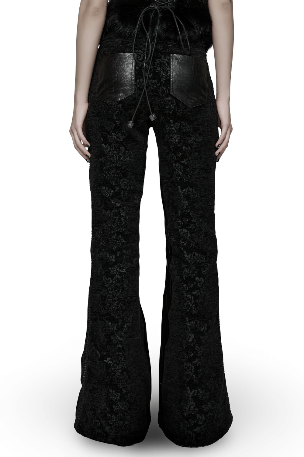 Gothic Jacquard Flared Pants with Faux Leather Details showcasing intricate rose pattern and spine-like leather accents.