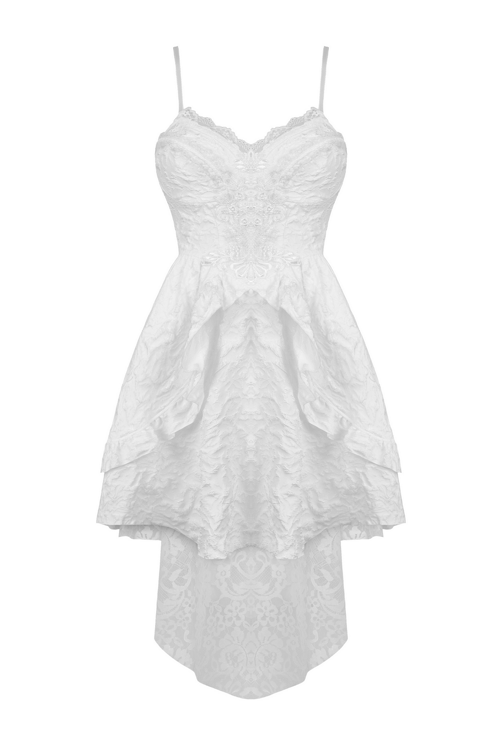 Gothic Jacquard Hi-Low Wedding Dress featuring intricate lace and a chic silhouette in white.