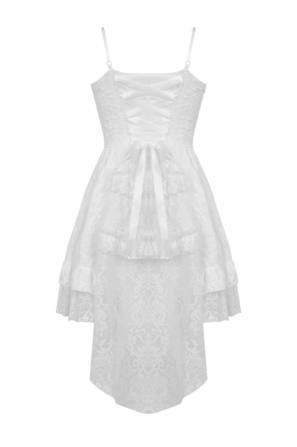 Gothic hi-low wedding dress in white jacquard with floral pattern and lace-up bodice, perfect for a fairy tale look.