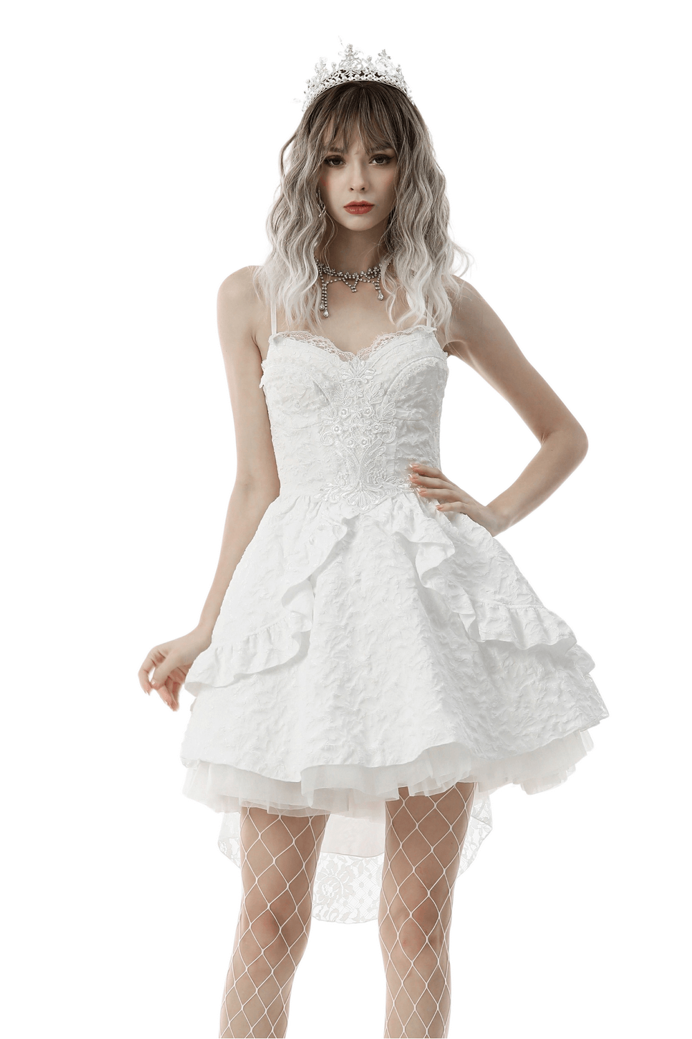 Gothic hi-low wedding dress with lace details and ruffled skirt, perfect for a romantic, edgy bridal look.