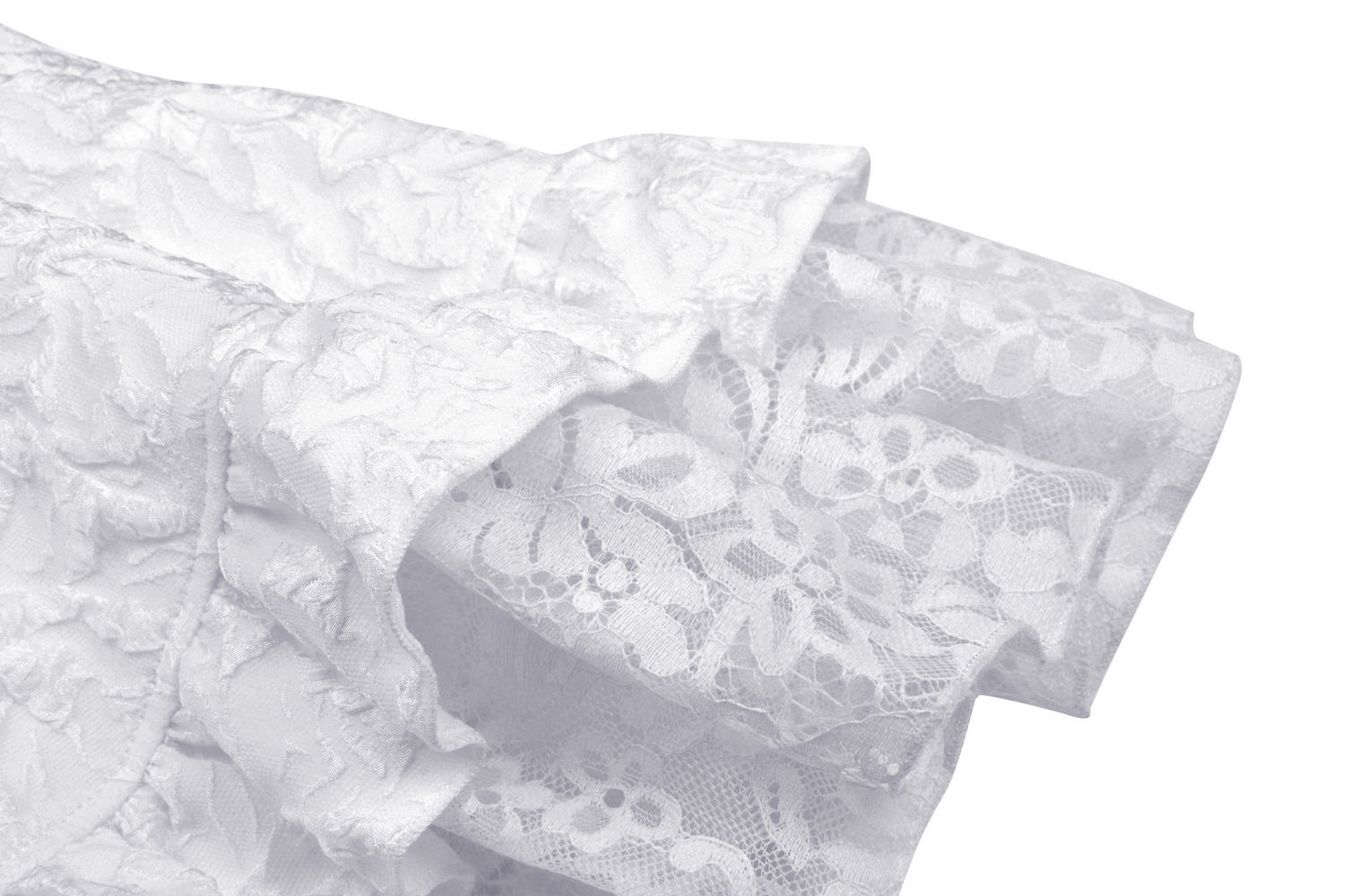 Close-up of intricate white lace fabric showcasing floral lace patterns, perfect for a wedding dress.