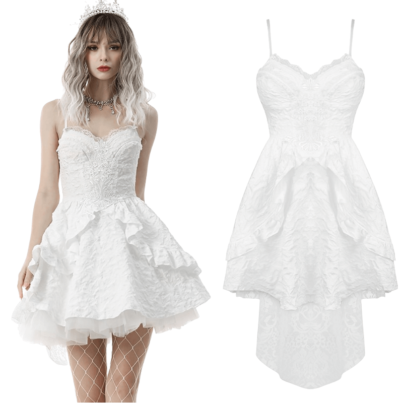 Gothic Jacquard Hi-Low Wedding Dress, embroidered elegance with floral patterns and off-the-shoulder style, perfect for brides.