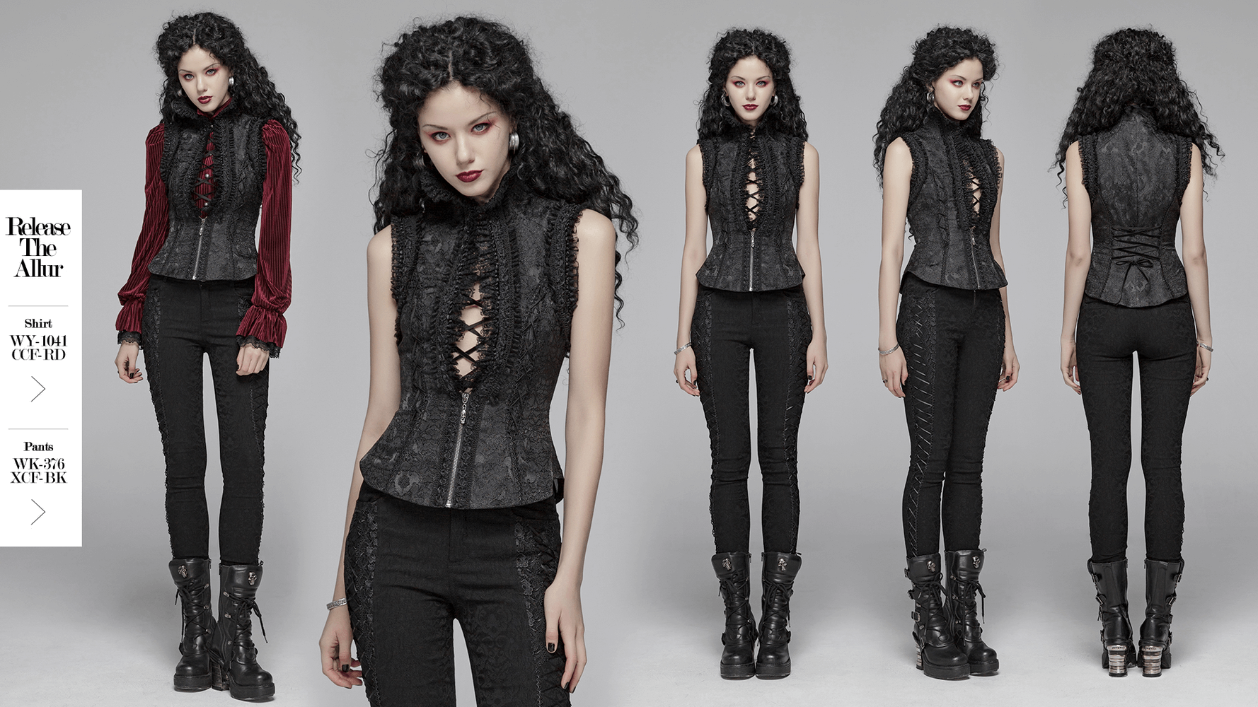 Gothic Lolita high collar jacquard lace waistcoat with zipper, showcasing elegant black fabric and flattering silhouette.