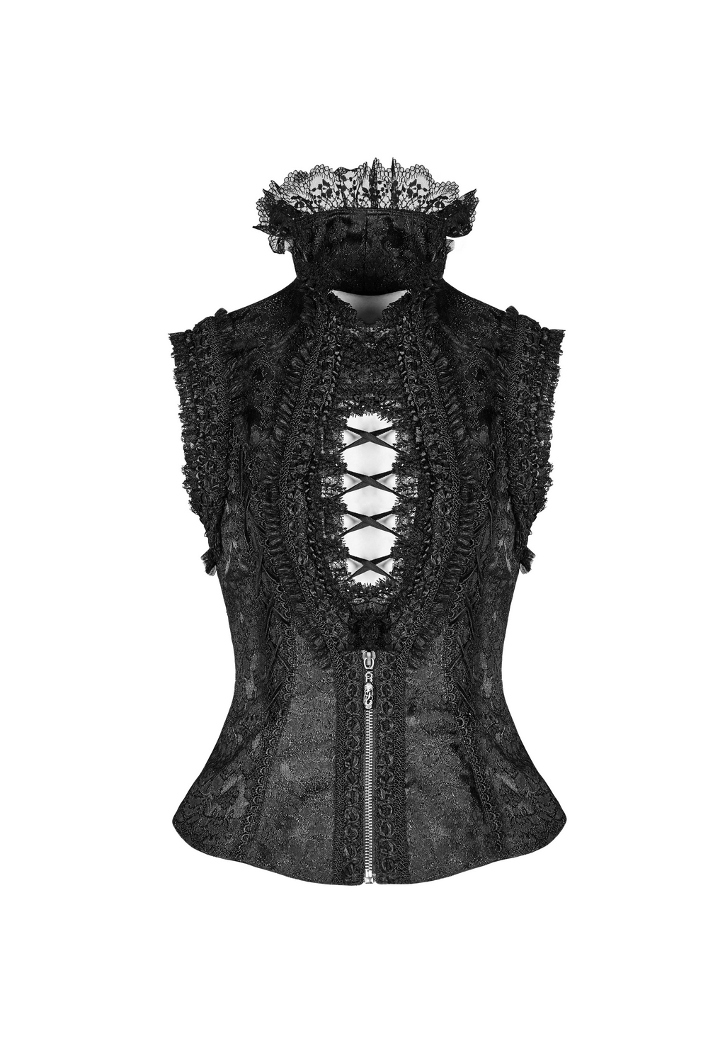 Gothic Jacquard High Collar Waistcoat with lace detailing and zipper, perfect for a dramatic silhouette.
