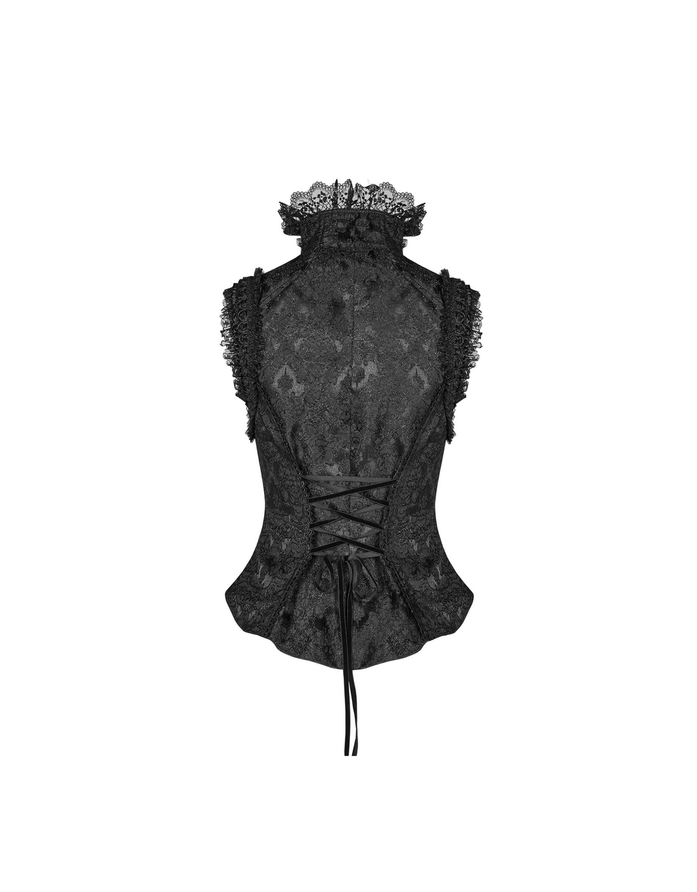 Back view of Gothic Jacquard High Collar Waistcoat with lace detailing and secrecy zipper design.
