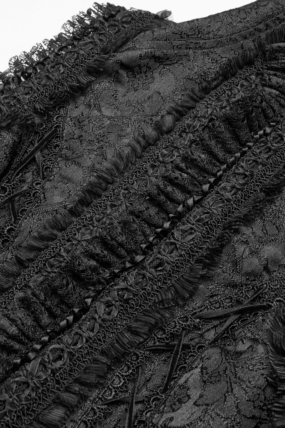 Close-up of black jacquard fabric with intricate lace detailing on a gothic waistcoat.