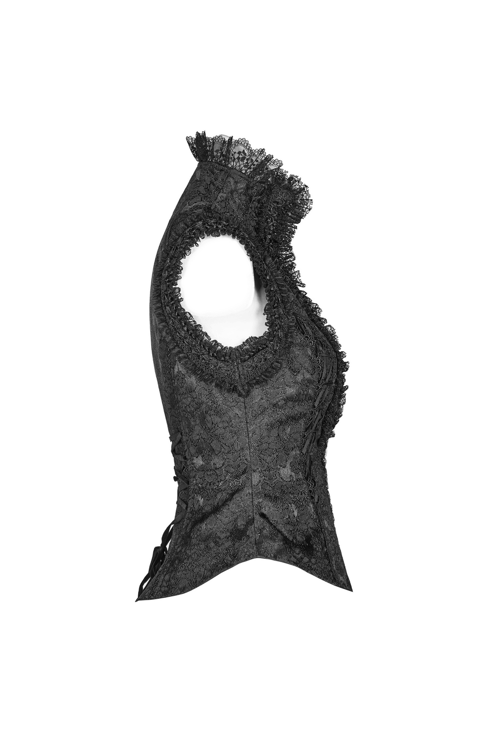 Gothic Lolita high collar waistcoat in black jacquard lace, featuring elegant detailing and a slimming silhouette.