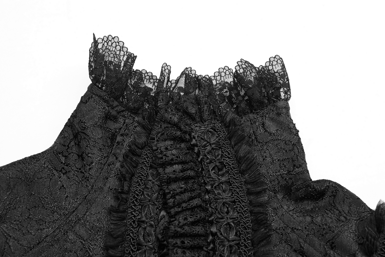 Close-up of the high collar and lace detailing on a Gothic Jacquard Waistcoat, perfect for elegant Gothic Lolita style.