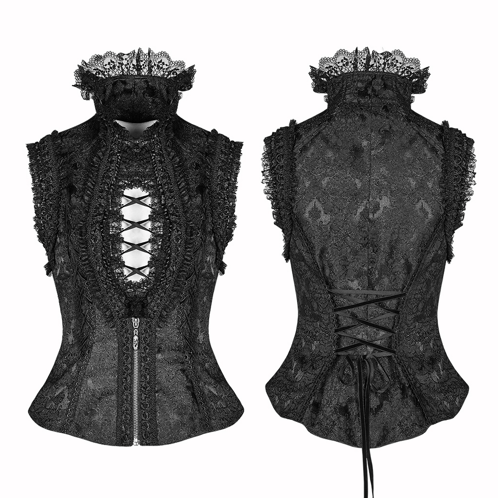 Gothic Lolita high collar waistcoat with lace detailing and zipper, featuring a slimming silhouette and elegant black jacquard fabric.