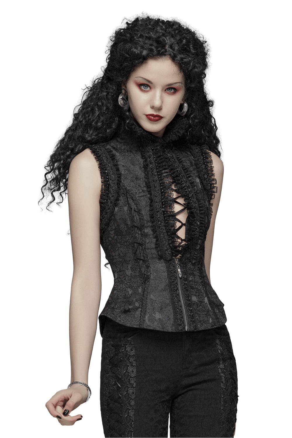 Gothic jacquard high collar waistcoat with lace detailing and zipper, perfect for a mysterious look.