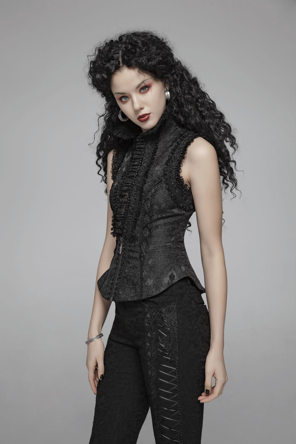Gothic Jacquard High Collar Waistcoat with lace, featuring a slimming fit and secrecy zipper for a mysterious style.