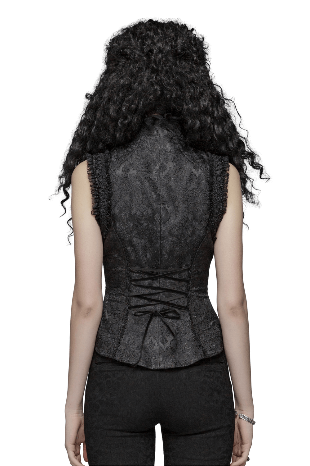 Back view of Gothic Jacquard High Collar Waistcoat with lace detailing and secrecy zipper design.