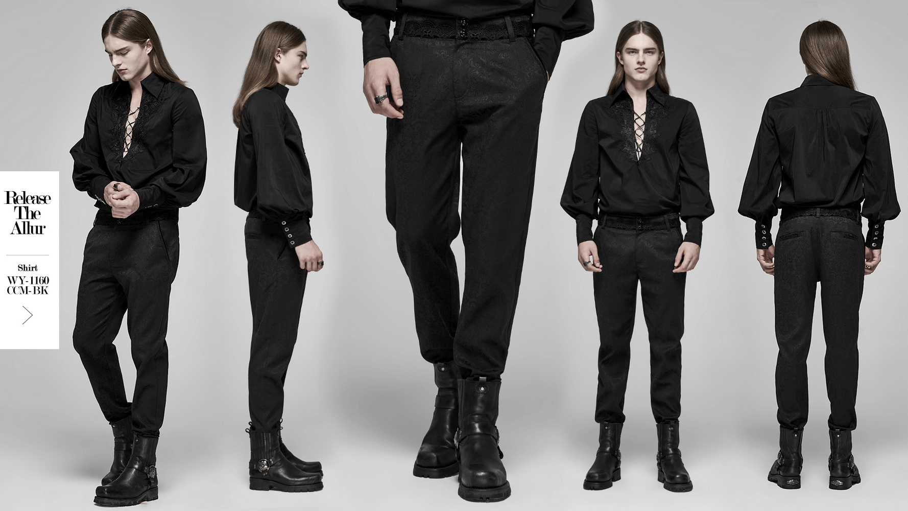 Stylish model showcasing gothic-inspired black outfit with elegant blouse and tailored pants, completed with rugged boots.