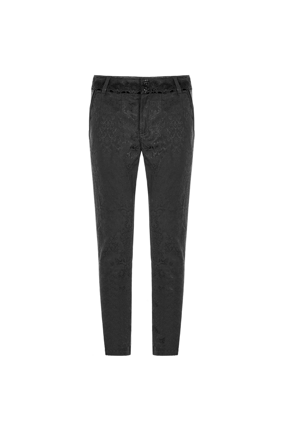 Gothic Jacquard Lace Pants in black with metal accents and lace trim, perfect for a dark, elegant style.