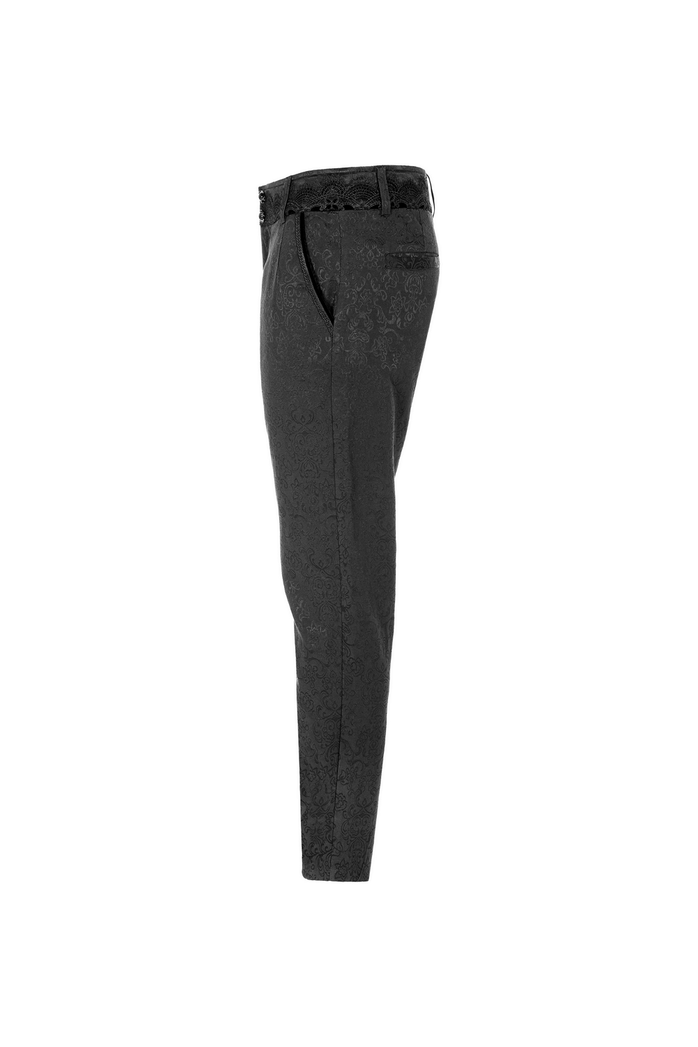 Elegant Gothic Jacquard Lace Pants with metal accents, featuring a sleek black design and intricate lace trim.