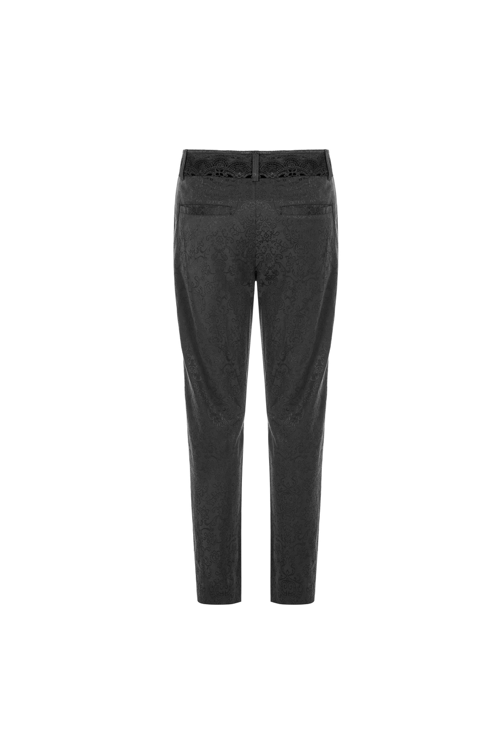 Back view of elegant Gothic Jacquard Lace Pants with lace trim and metal accents, showcasing intricate dark patterns.