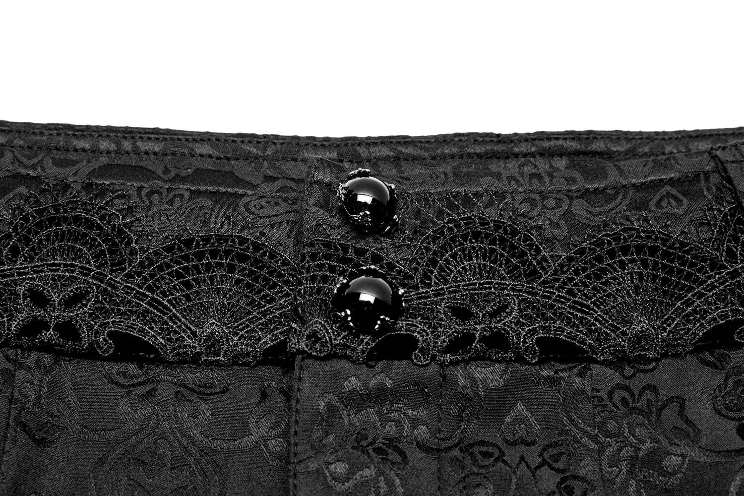 Close-up of Gothic Jacquard Lace Pants waistband featuring ornate buttons and intricate lace trim.