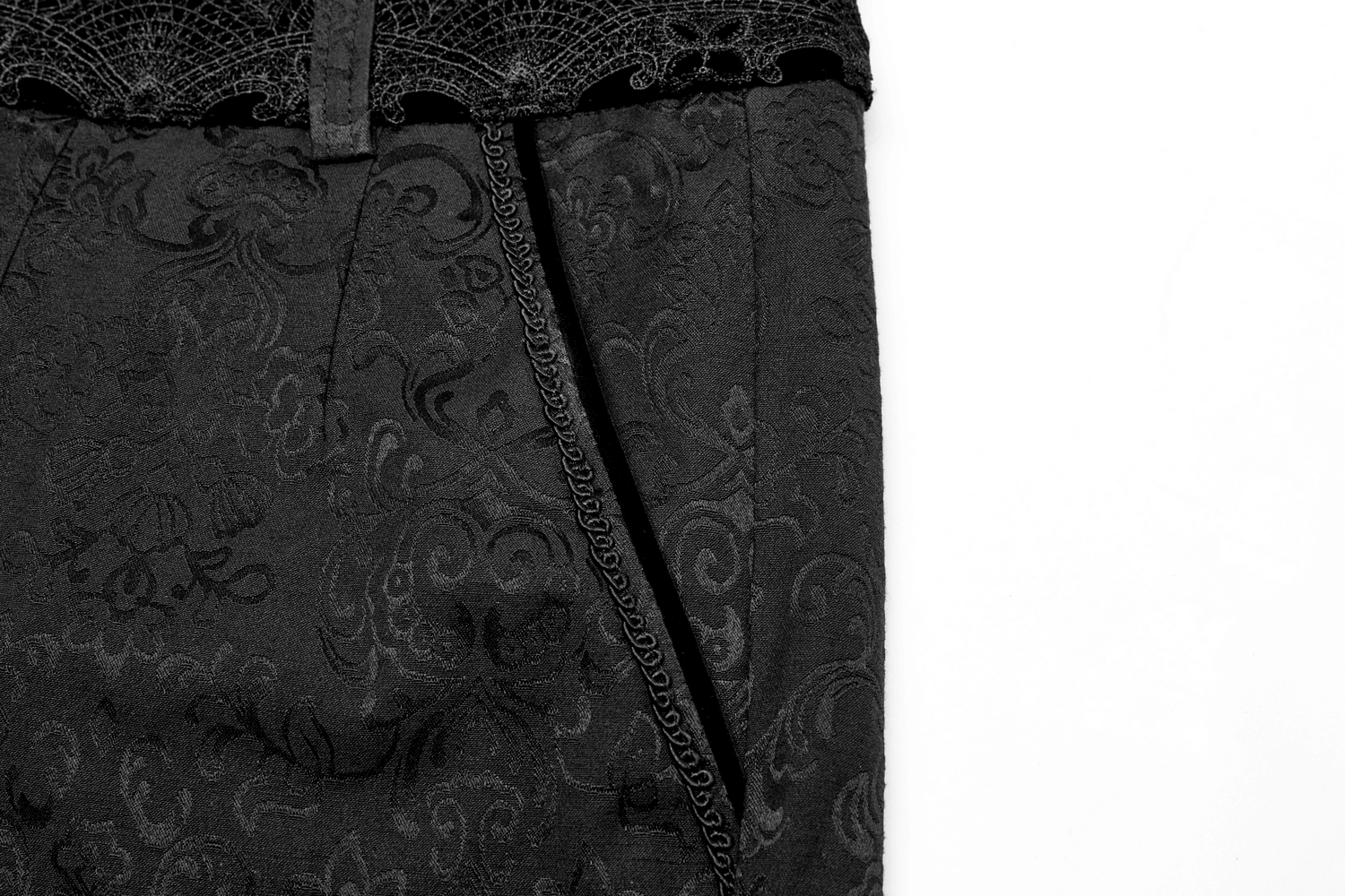 Elegant Gothic Jacquard Lace Pants with intricate lace trim and rich black fabric, perfect for a modern Victorian look.