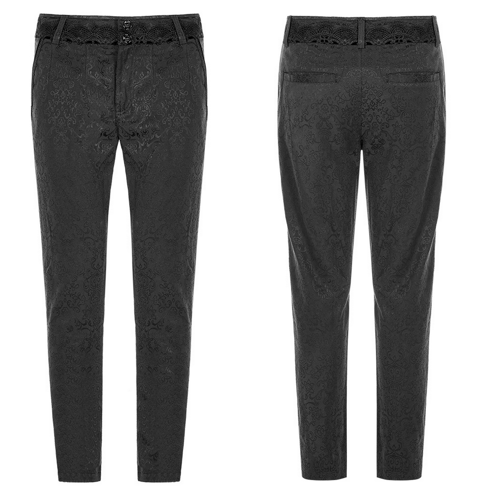 Gothic Jacquard Lace Pants featuring intricate black lace trim and ornate metal accents, perfect for a darkly elegant look.