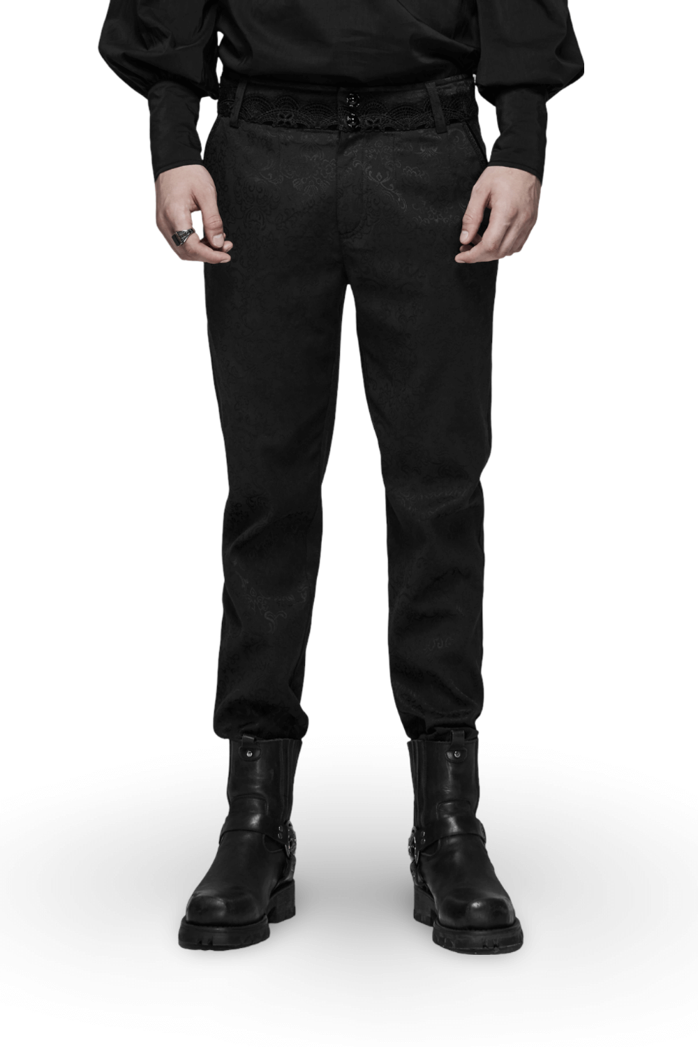 Gothic jacquard lace pants with metal accents, styled for a dark, elegant look.