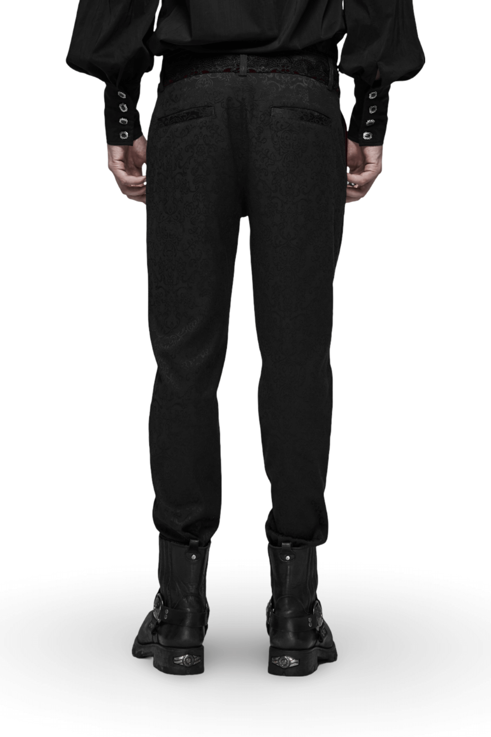 Back view of elegant Gothic Jacquard Lace Pants with metal accents, styled with boots and a dark shirt.