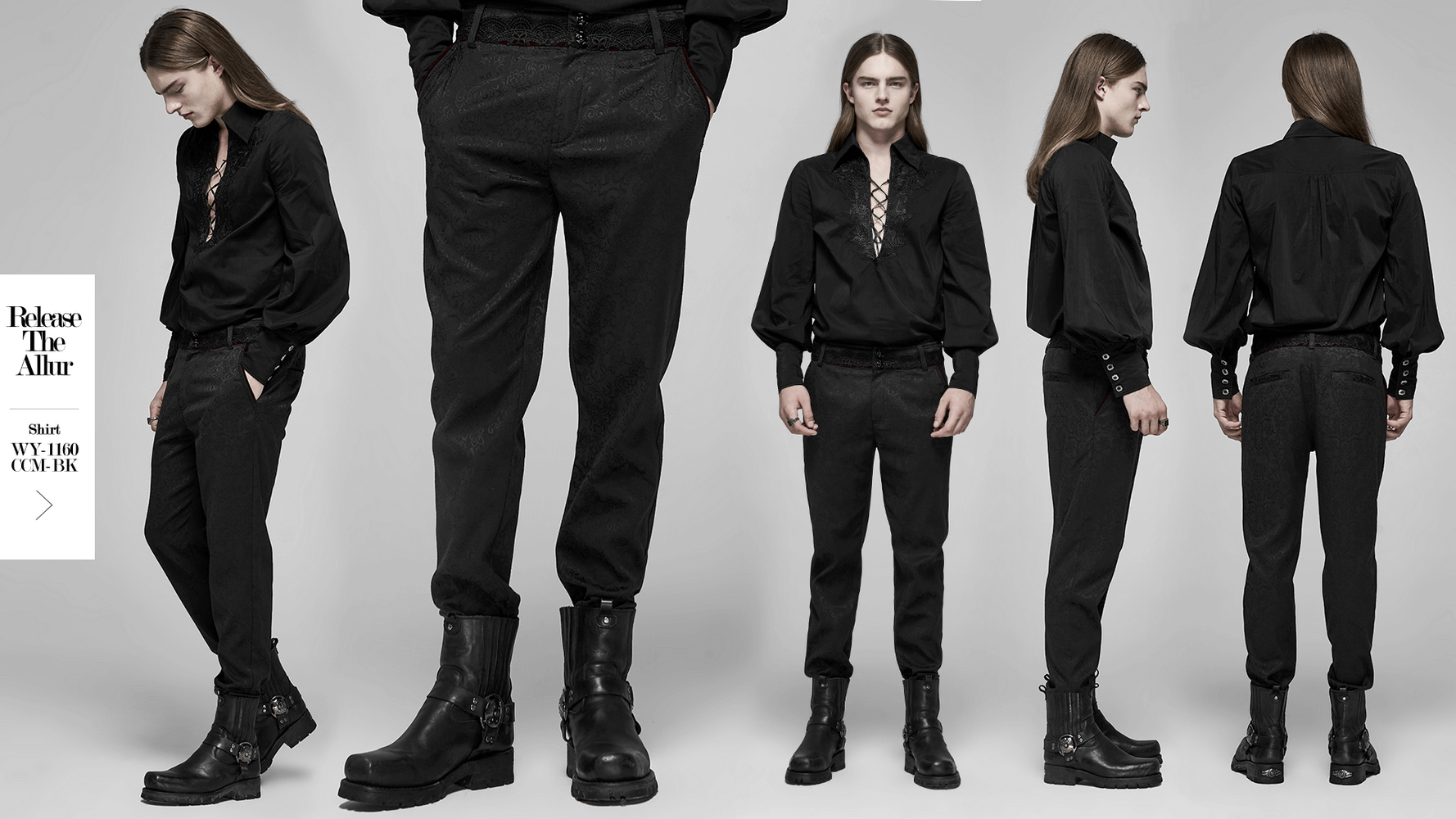 Gothic Jacquard Lace Pants with metal buttons, showcasing elegant Victorian style and sleek black design.