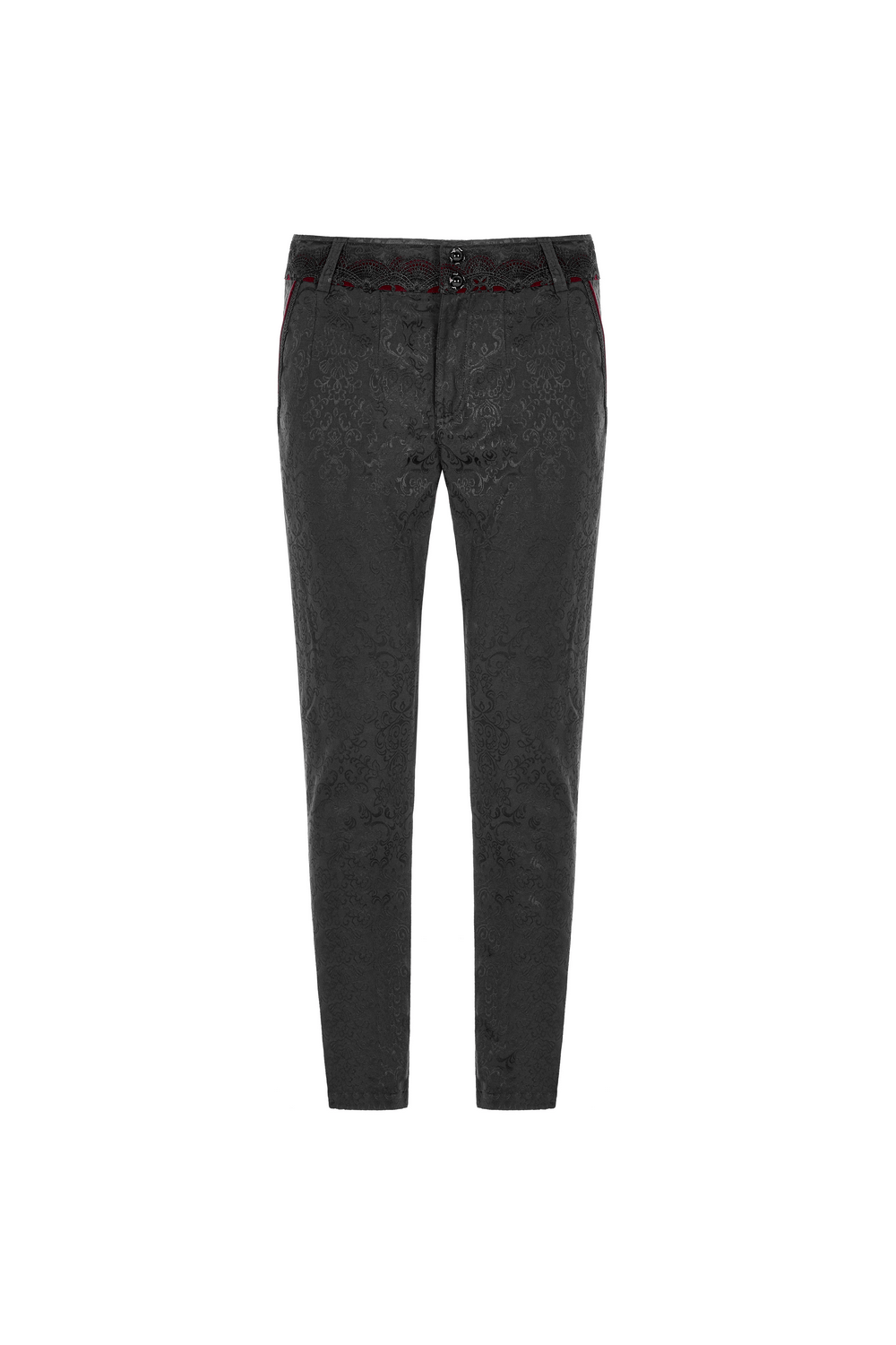 Gothic Jacquard Lace Pants with metal buttons, featuring elegant lace details and stylish velveteen lining.