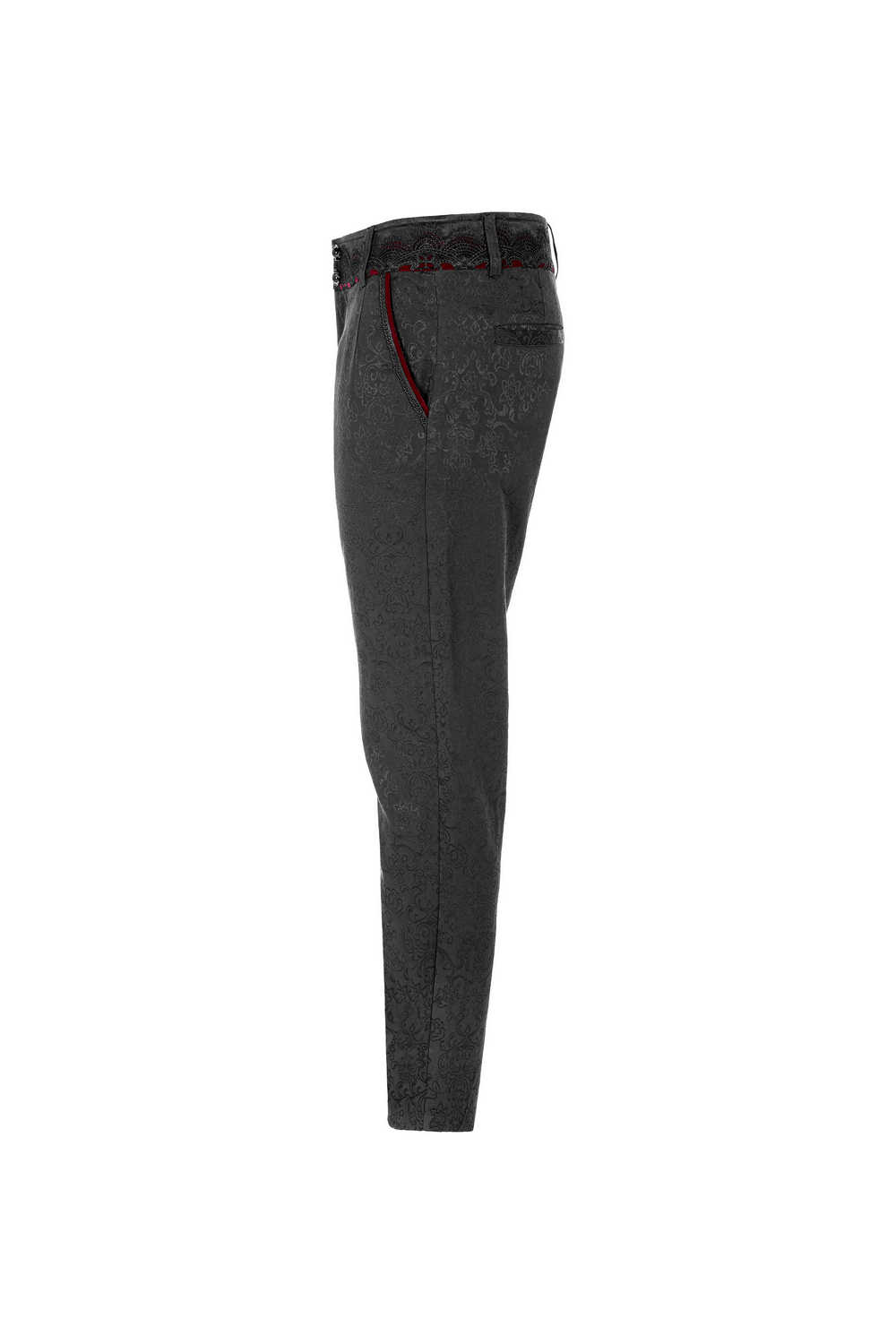 Side view of Gothic Jacquard Lace Pants with metal buttons, showcasing intricate details and luxurious textures.