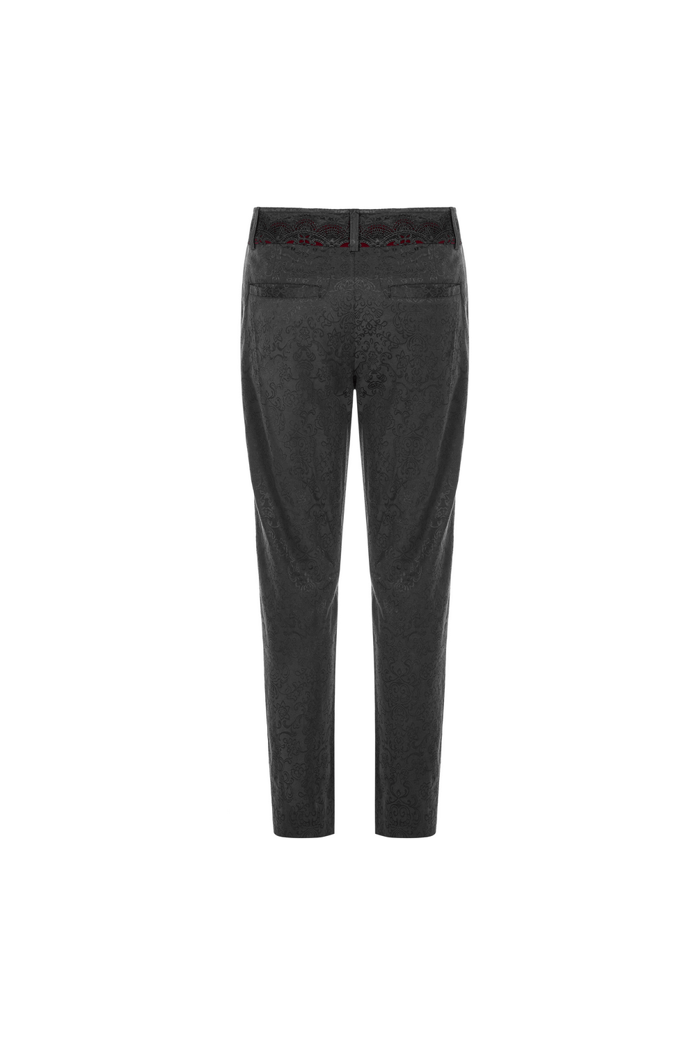 Back view of Gothic Jacquard Lace Pants with metal buttons and lace waist detail, perfect for a dark romantic look.