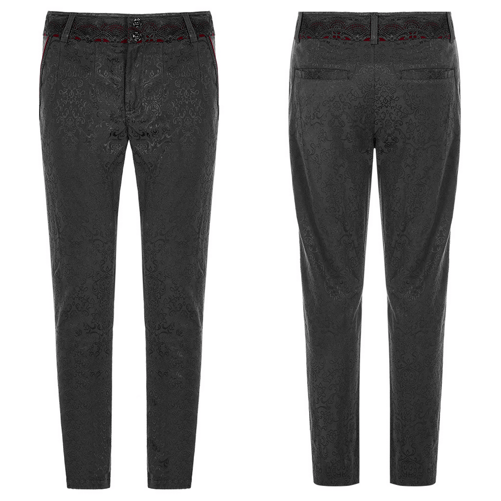 Gothic Jacquard Lace Pants with metal buttons showcasing intricate lace details and a sophisticated black velvet texture.